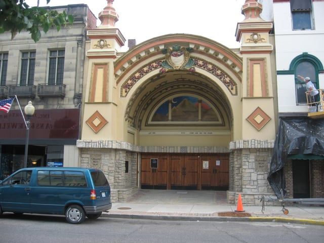 The façade of the historic Columbia Music Hall, the only portion remaining after a fire in 2007, rebuilt in 2012 as the open air Columbia  Music Arena.