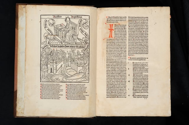 Woodcut depicting Augustine writing The City of God