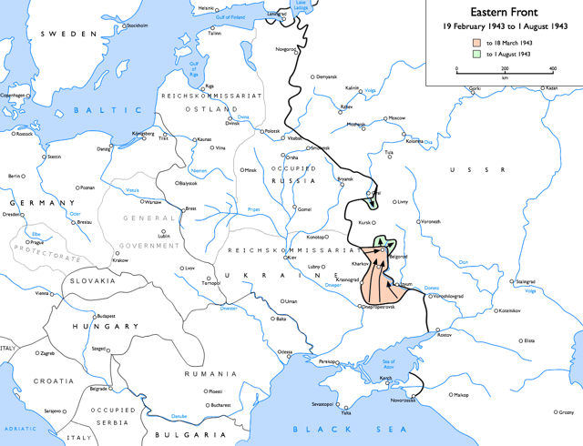 German advances at Kharkov and Kursk, 19 February 1943 to 1 August 1943:   to 18 March 1943   to 1 August 1943