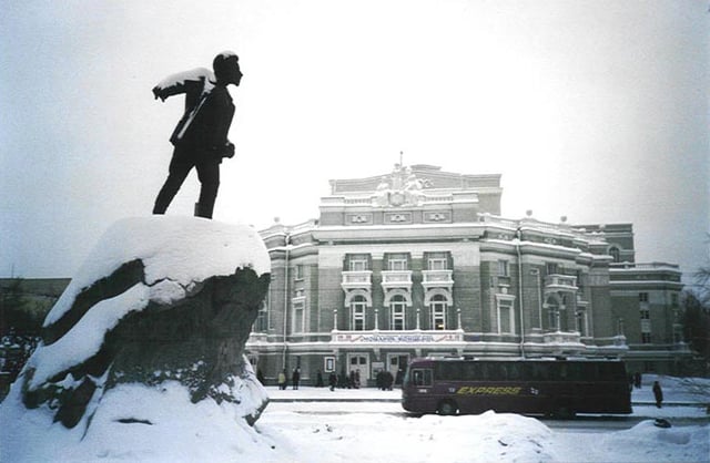 Snow-covered statue of Yakov Sverdlov