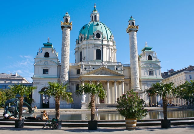 Front side of the Karlskirche in Vienna, flanked by two columns styled after the Roman archetype
