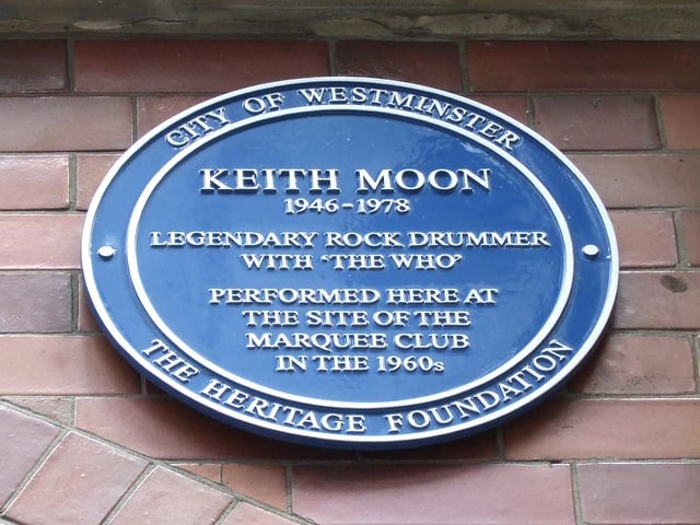 A blue plaque at the site of the Marquee Club on Wardour Street, Soho, commemorating Keith Moon's performances there with The Who