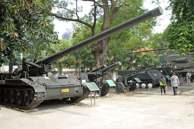 Captured U.S.-supplied armored vehicles and artillery pieces