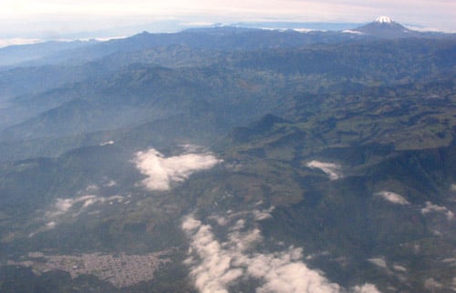 Aerial view of Líbano with Nevado del Tolima in the background.