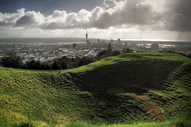 Cone of Maungawhau / Mount Eden, looking into the city