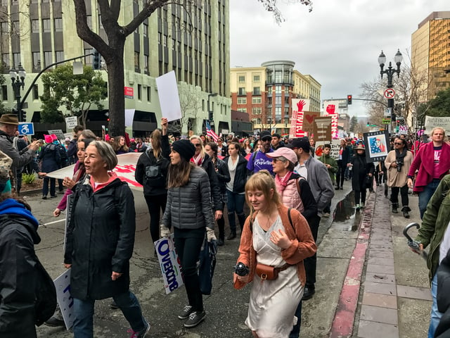 The 2017 Women's March in Oakland. Other political rallies were held on the same day in numerous other locations throughout the Bay Area to spotlight progressive political causes and oppose the Presidency of Donald Trump.