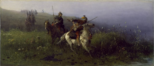 Tatar horsemen in the painting On Reconnaissance by Józef Brandt, 1876