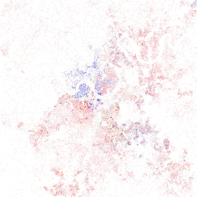 Map of racial distribution in Nashville, 2010 U.S. Census. Each dot is 25 people: White, Black, Asian Hispanic, or Other (yellow)