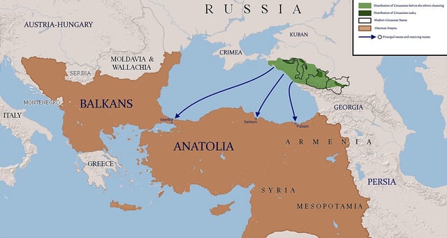 A map of the expulsion of Circassians to the Ottoman Empire. The light-green area denotes the final borders of Circassians who had already been pushed southwards prior to their expulsion to the Ottoman Empire. Note that in the late 18th century the Circassians lost their northern territories, which do not appear in green on this map.