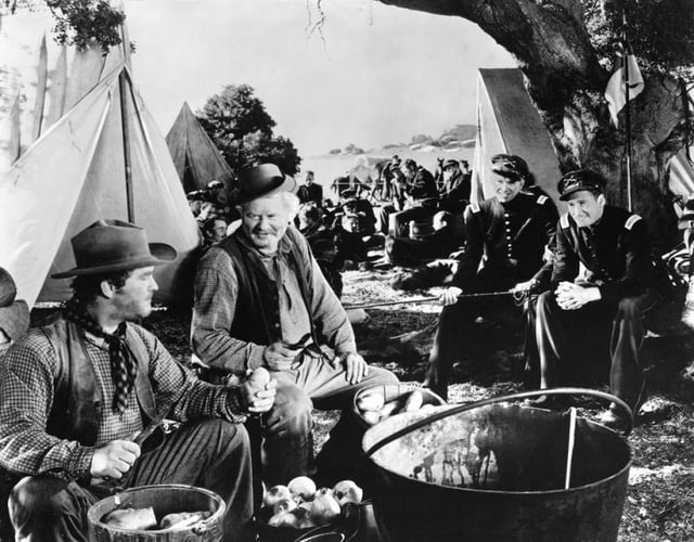 Santa Fe Trail - L. to R. : Guinn 'Big Boy' Williams, Alan Hale (Sr.), Ronald Reagan, and Errol Flynn