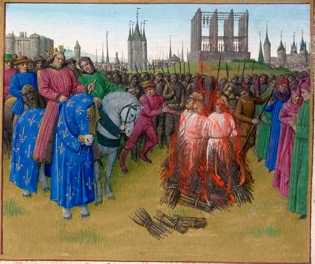 The burning of the pantheistic Amalrician heretics in 1210, in the presence of King Philip II Augustus. In the background is the Gibbet of Montfaucon and, anachronistically, the Grosse Tour of the Temple. Illumination from the Grandes Chroniques de France