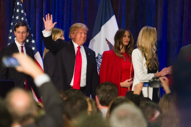 Kushner and the Trump family, pictured at a campaign victory party in Des Moines, Iowa, on February 1, 2016
