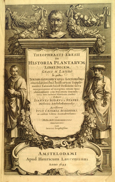 Frontispiece to a 1644 version of Theophrastus's Historia Plantarum, originally written around 300 BC