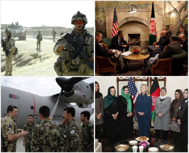 From upper left, clockwise – Canadian troops in Kandahar; American president Barack Obama meets Afghan leader Hamid Karzai in March 2010; US Secretary of State Hillary Clinton with female politicians in Kabul in October 2011; An officer of the RAF explains a C-27 of the Afghan air force to 'Thunder Lab' students in July 2011