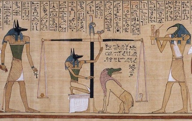 In this ~1275 BC Book of the Dead scene the dead scribe Hunefer's heart is weighed on the scale of Maat against the feather of truth, by the canine-headed Anubis. The ibis-headed Thoth, scribe of the gods, records the result. If his heart is lighter than the feather, Hunefer is allowed to pass into the afterlife. If not, he is eaten by the crocodile-headed Ammit.