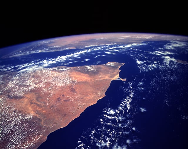 The Horn of Africa as seen from the NASA Space Shuttle in May 1993. The orange and tan colors in this image indicate a largely arid to semiarid climate.