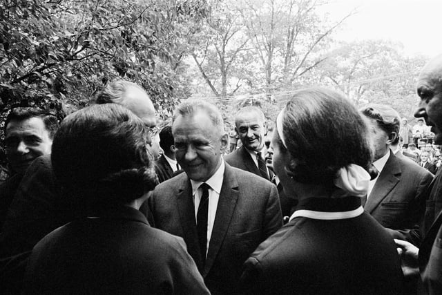 Soviet Premier Alexei Kosygin (front) next to U.S. President Lyndon B. Johnson (behind) during the Glassboro Summit Conference