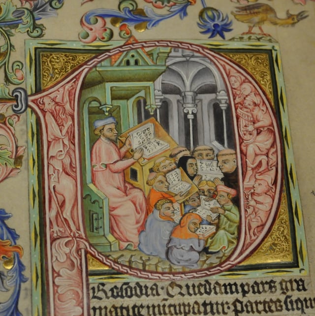 Teacher and students shown in a medieval manuscript from Bohemia