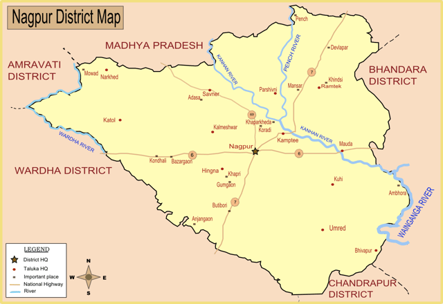 Map of Nagpur district with major towns and rivers