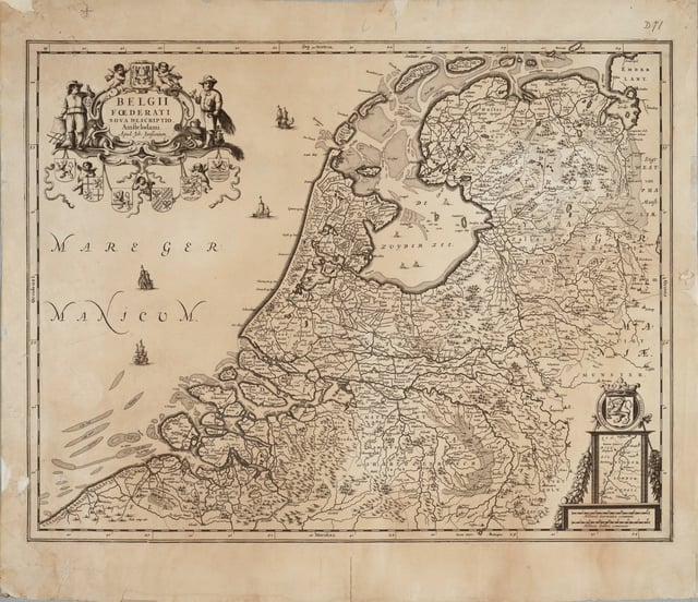 The Seven United Provinces known as Netherlands, protagonists of the Eighty Years' War against Spain from a 1658 map by Janssonius