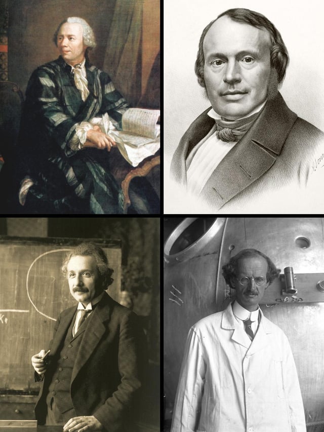 Some Swiss scientists who played a key role in their discipline (clockwise):Leonhard Euler (mathematics)Louis Agassiz (glaciology)Auguste Piccard (aeronautics)Albert Einstein (physics)