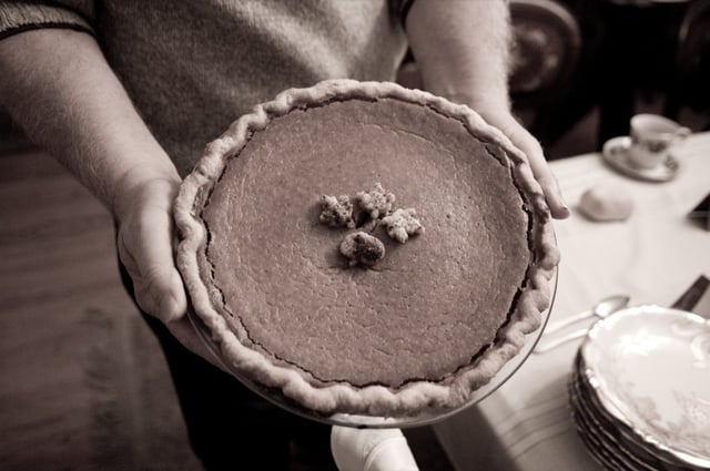 Pumpkin pie is commonly served on and around Thanksgiving in North America.