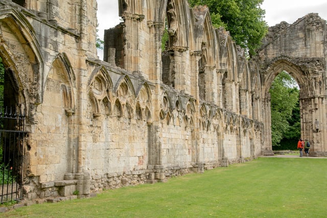 A portion of the ruins of St Mary's Abbey, York, founded in 1155, extensively damaged by fire in 1157, rebuilt by 1294 and destroyed during the Dissolution in the 16th century