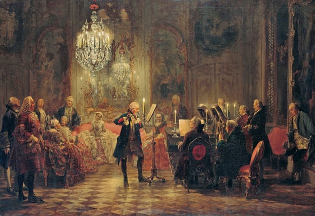 The Flute Concert of Sanssouci by Adolph Menzel, 1852, depicts Frederick playing the flute in his music room at Sanssouci as C. P. E. Bach accompanies him on a harpsichord-shaped piano by Gottfried Silbermann