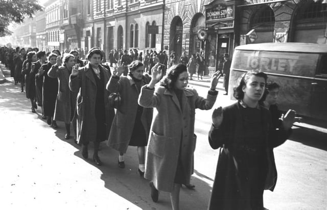 Jewish women being arrested on Wesselényi Street in Budapest during The Holocaust, ca. 20–22 October 1944