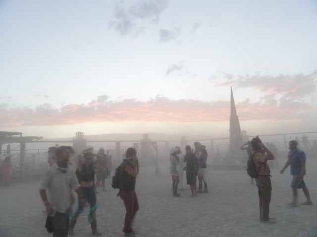 Dust storms are common at Burning Man, so many come prepared with appropriate provisions, such as goggles and masks to reduce dust inhalation.