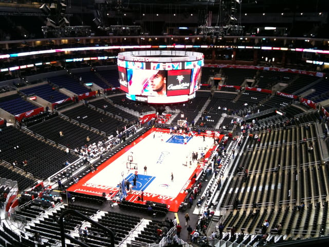 Staples Center before a Clippers game, featuring the new hanging scoreboard