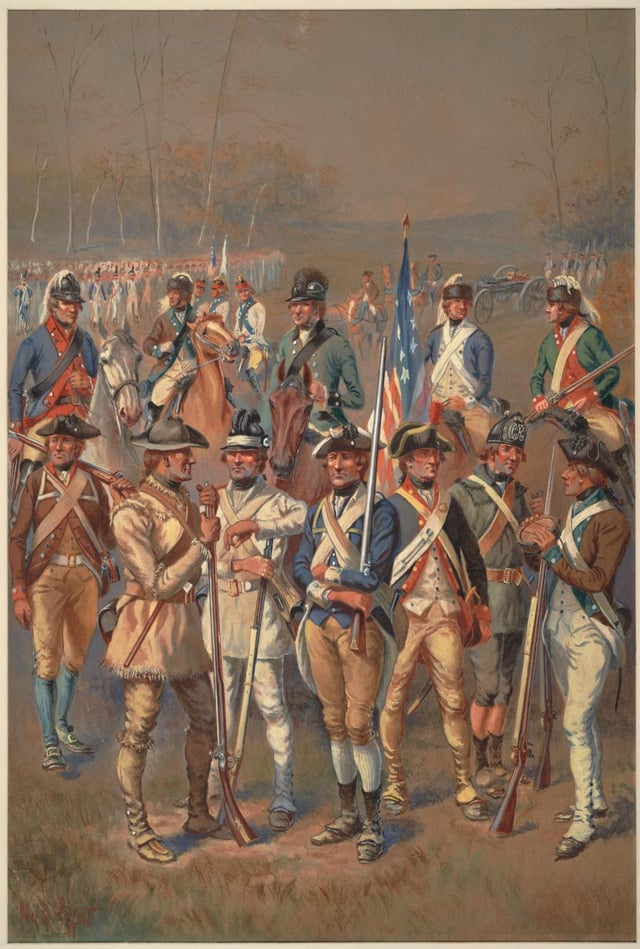 A watercolor painting depicting a variety of Continental Army soldiers