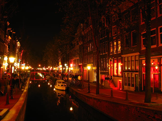 De Wallen, Amsterdam's red-light district; red is the sex industry's preferred color in many cultures, due to being strongly associated with passion, love and sexuality.