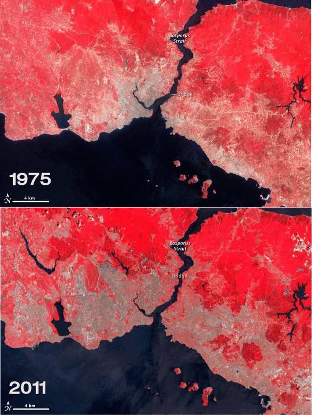 Two maps comparing the size of urban areas in Istanbul (indicated as the grey zones) in 1975 and 2011