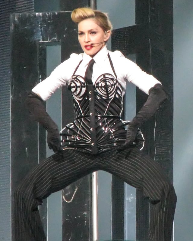 Madonna performing during The MDNA Tour, 2012. The tour became the tenth highest-grossing tour of all time after its completion.