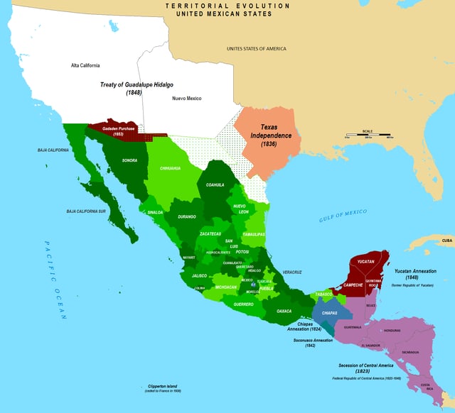 The territorial evolution of Mexico after independence, noting the secession of Central America (purple), Chiapas annexed from Guatemala (blue), losses to the U.S. (red, white and orange) and the reannexation of the Republic of Yucatán (red)