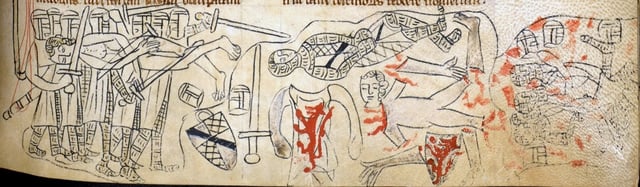 Medieval manuscript showing Simon de Montfort's mutilated body at the field of Evesham
