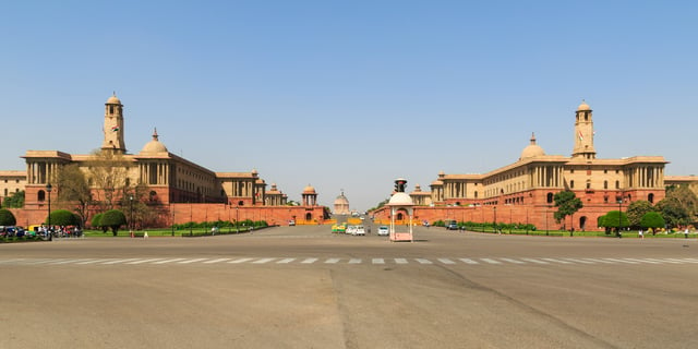 The Rashtrapati Bhawan complex, with North and South Block housing the Prime Minister's Office, Cabinet Secretariat, Ministry of Defence, and others.