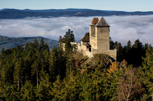 Bohemian Forest foothills and Kašperk castle, southern Bohemia