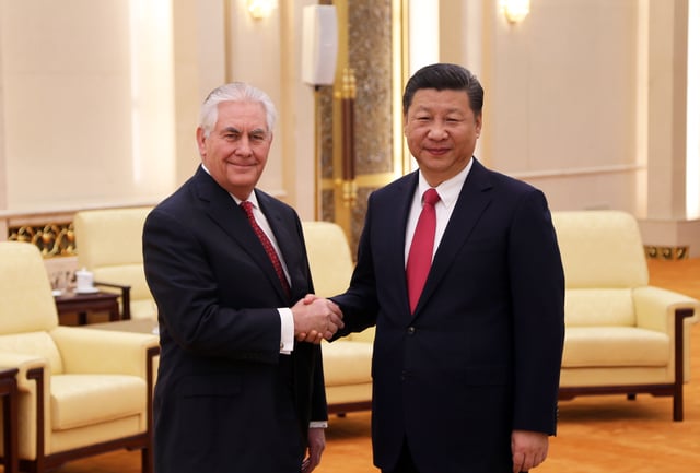 Secretary of State Rex Tillerson shakes hands with President Xi Jinping upon arrival in Beijing, March 19, 2017.