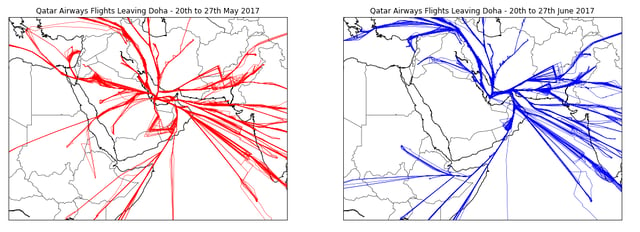 Maps showing the routes taken by Qatar Airways flights leaving Doha before and after the embargo was imposed. Data taken from FlightRadar24.