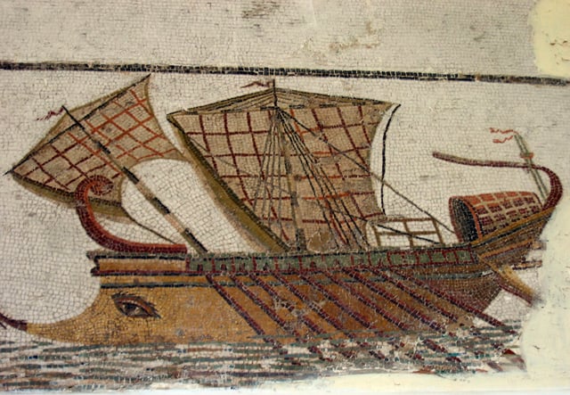 Roman two-masted trireme, its foremast showing a typically strong forward rake