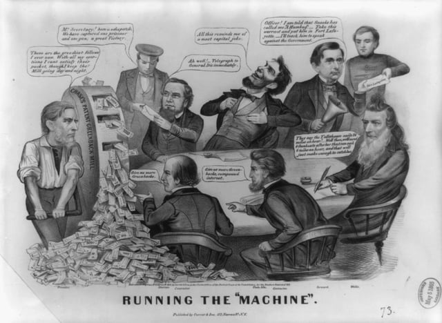 Running the 'Machine : An 1864 political cartoon satirizing Lincoln's administration—featuring William Fessenden, Edwin Stanton, William Seward, Gideon Welles, Lincoln and others.