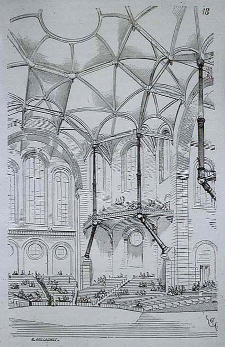 Design for a concert hall, dated 1864, expressing Gothic principles in modern materials; brick, stone and cast iron. Entretiens sur l'architecture