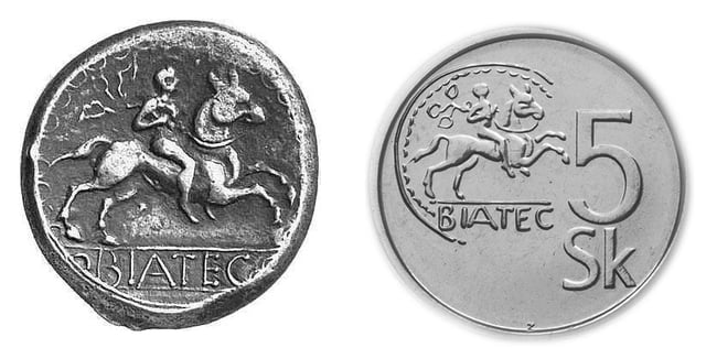 Left: a Celtic Biatec coinRight: five Slovak crowns