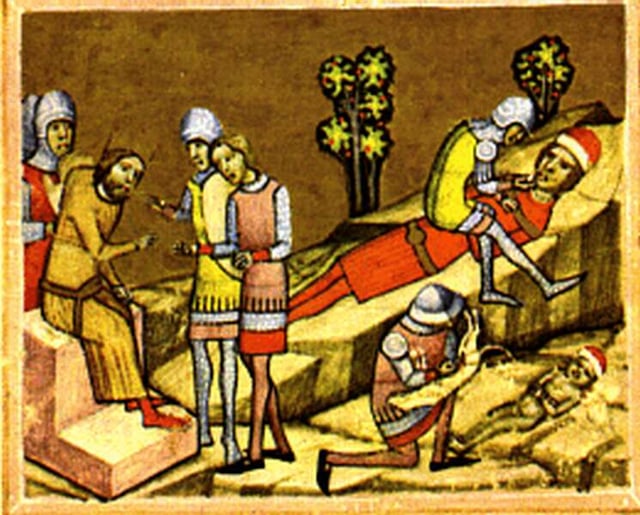 Álmos and his son, Béla are blinded on Coloman's order (from the Illuminated Chronicle).