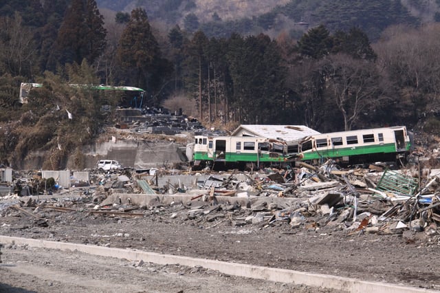A KiHa 40 Train washed away uphill from Onagawa Station