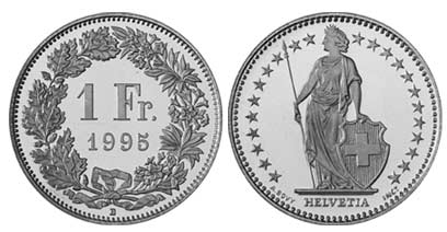 1 Swiss franc coin minted in 1995