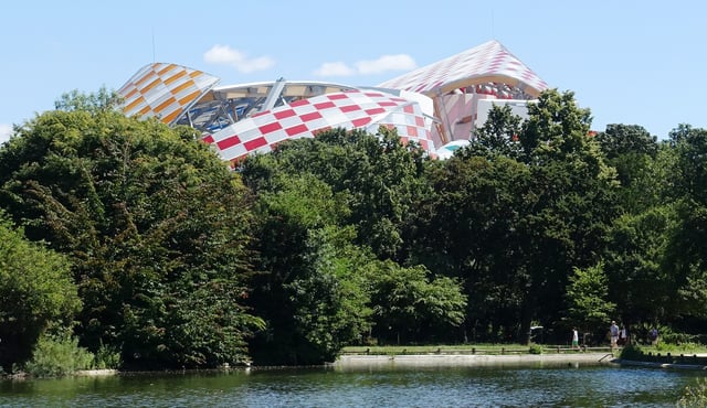 Part of the roof of the Fondation Louis Vuitton building as seen from the Bois de Boulogne in Paris, France (2016)