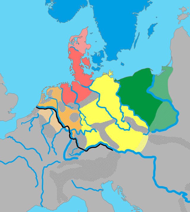 The distribution of the primary Germanic languages in Europe in around AD 1:   North Germanic   North Sea Germanic, or Ingvaeonic   Weser-Rhine Germanic, or Istvaeonic   Elbe Germanic, or Irminonic   East Germanic